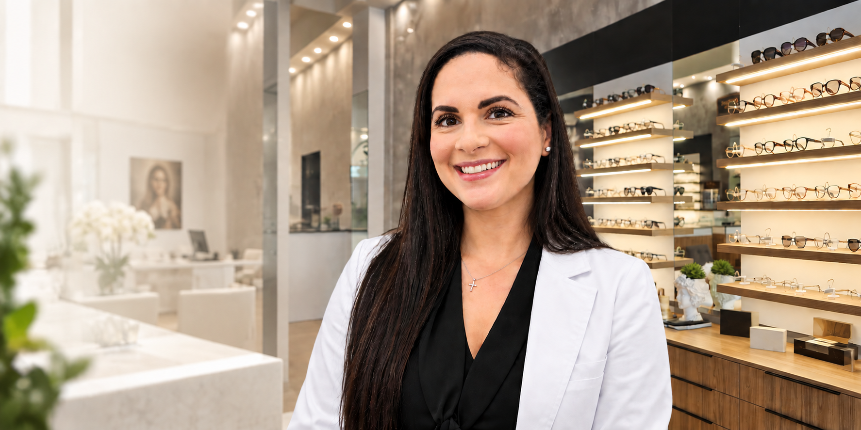 Dr. Belkis Perez, OD, Optometric Physician, smiling in her practice in front of the eyewear collection